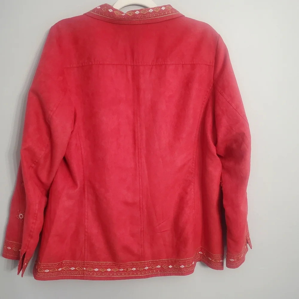 ColdWater Creek Red Faux Suede Embroidered Embellished Blazer Sz14 Chic Grandma - Picture 7 of 16